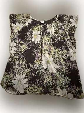 Christopher & Banks Black Floral Cap-Sleeve Blouse
